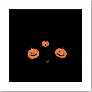 Beautiful design of an owl with two pumpkins Posters and Art